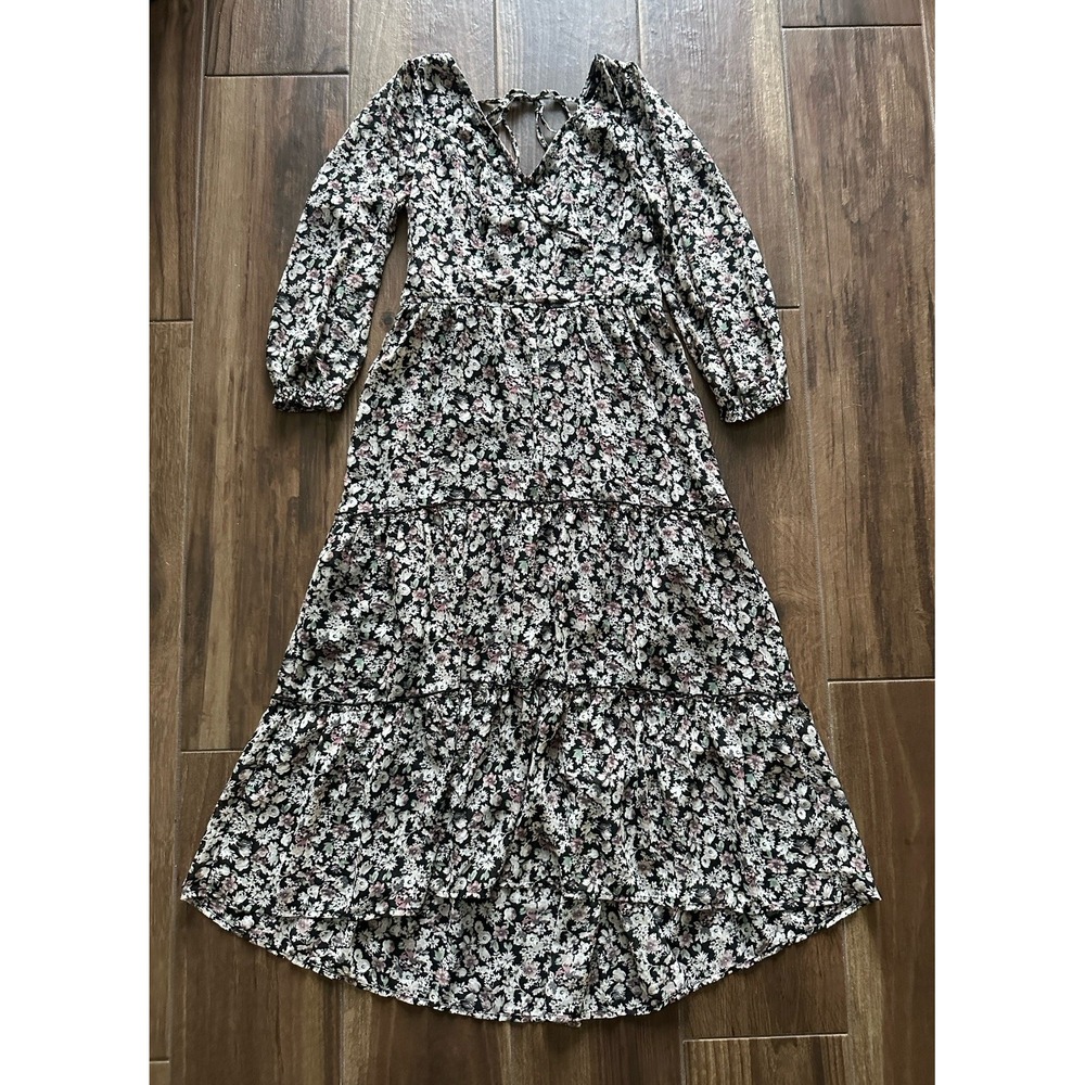 Hollister Floral Tiered Maxi Dress Black Pink Long Sleeve Smocked Back Medium